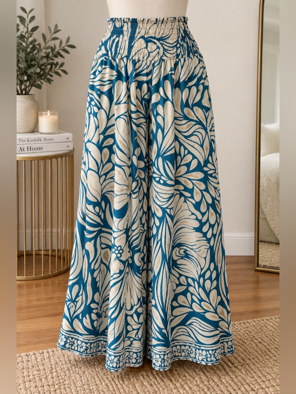 Silky Smocked Waist Blue & Cream Floral Wide Leg Pants OS
